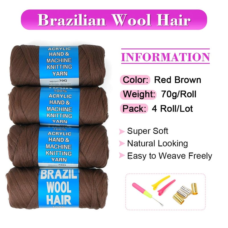 Youngther 100% Brazilian Wool Hair Acrylic Yarn for African Braids/Senegalese Twist/Faux Locs/Wraps and Crochet Hook(4 Roll, Red Brown) - Image 2
